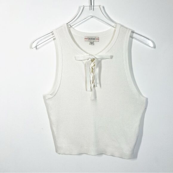 Guess  Women’s Size Large White Sydney Ribbed Sleeveless Sweater Lace Up Placket - Picture 12 of 12